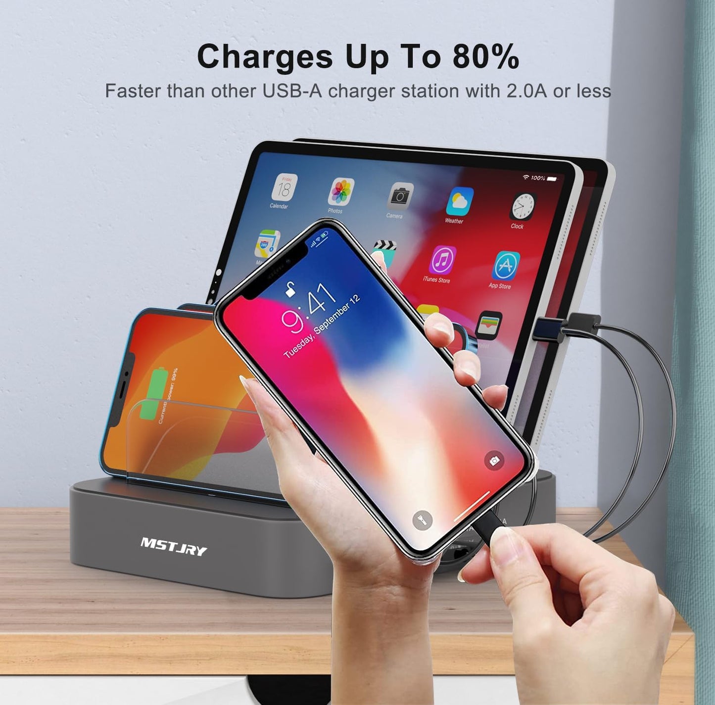 Charging Station for Multiple Devices,  5 Port Multi USB Charger Station with Power Switch Designed for Iphone Ipad Cell Phone Tablets (Gray, 7 Mixed Short Cables Included)